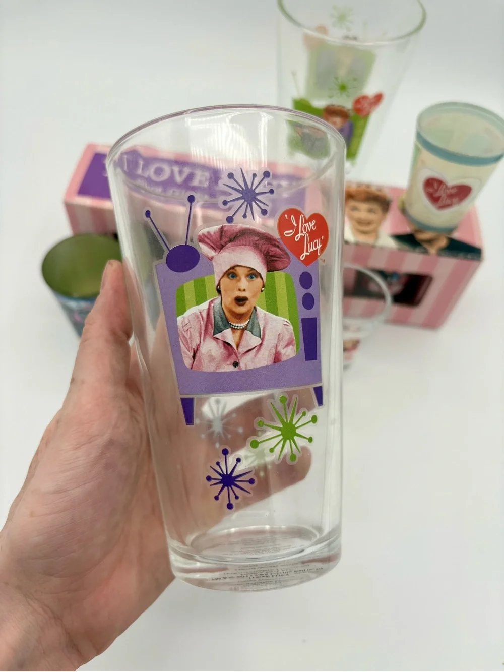 I Love LUCY Set of 2 16 OZ GLASSES and 7 Shot Glasses New Never Used Kitchen